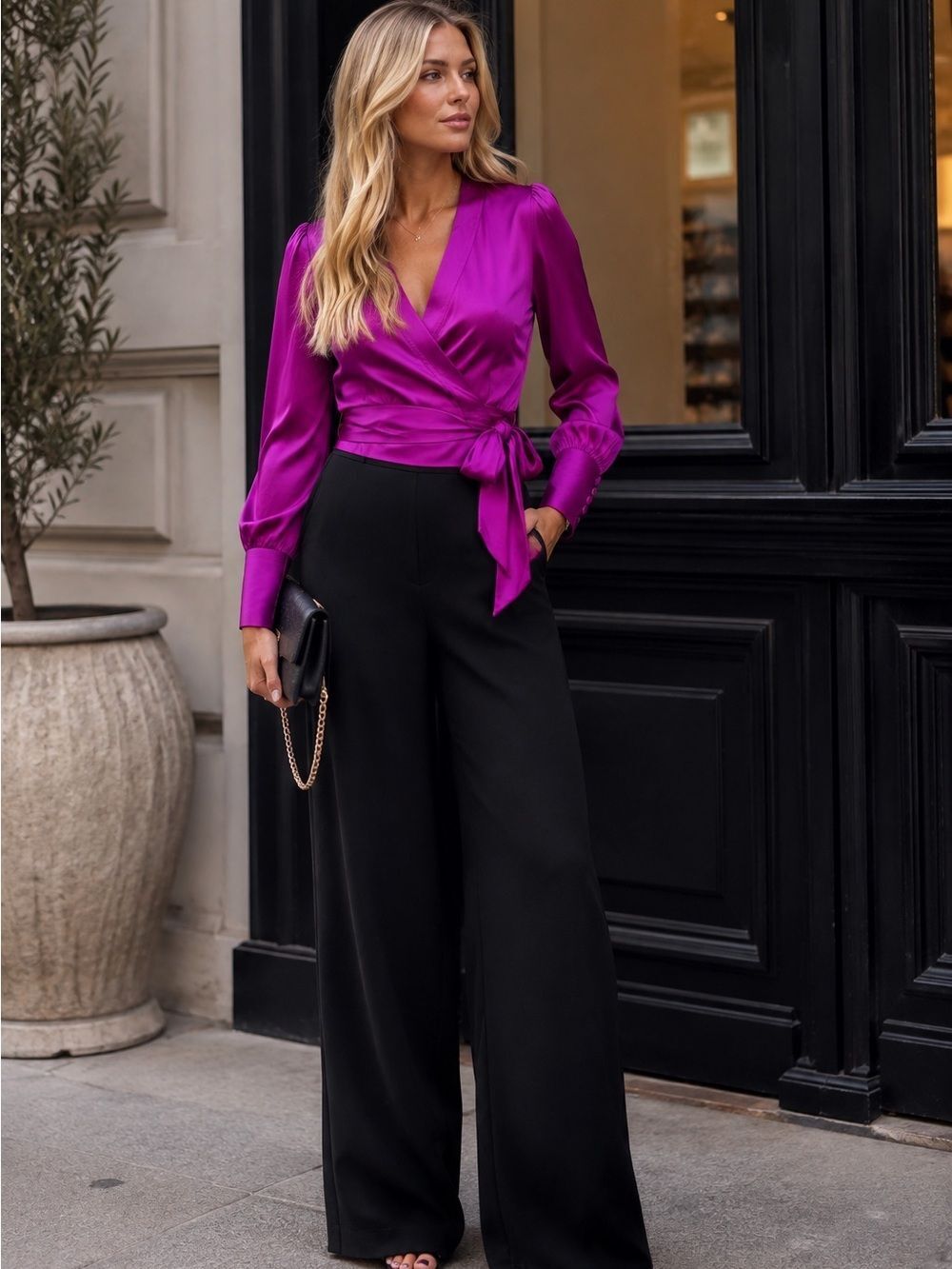 Diane Von Furstenberg DVF Magenta Purple Silk Wrap Blouse Tie Waist Size 10